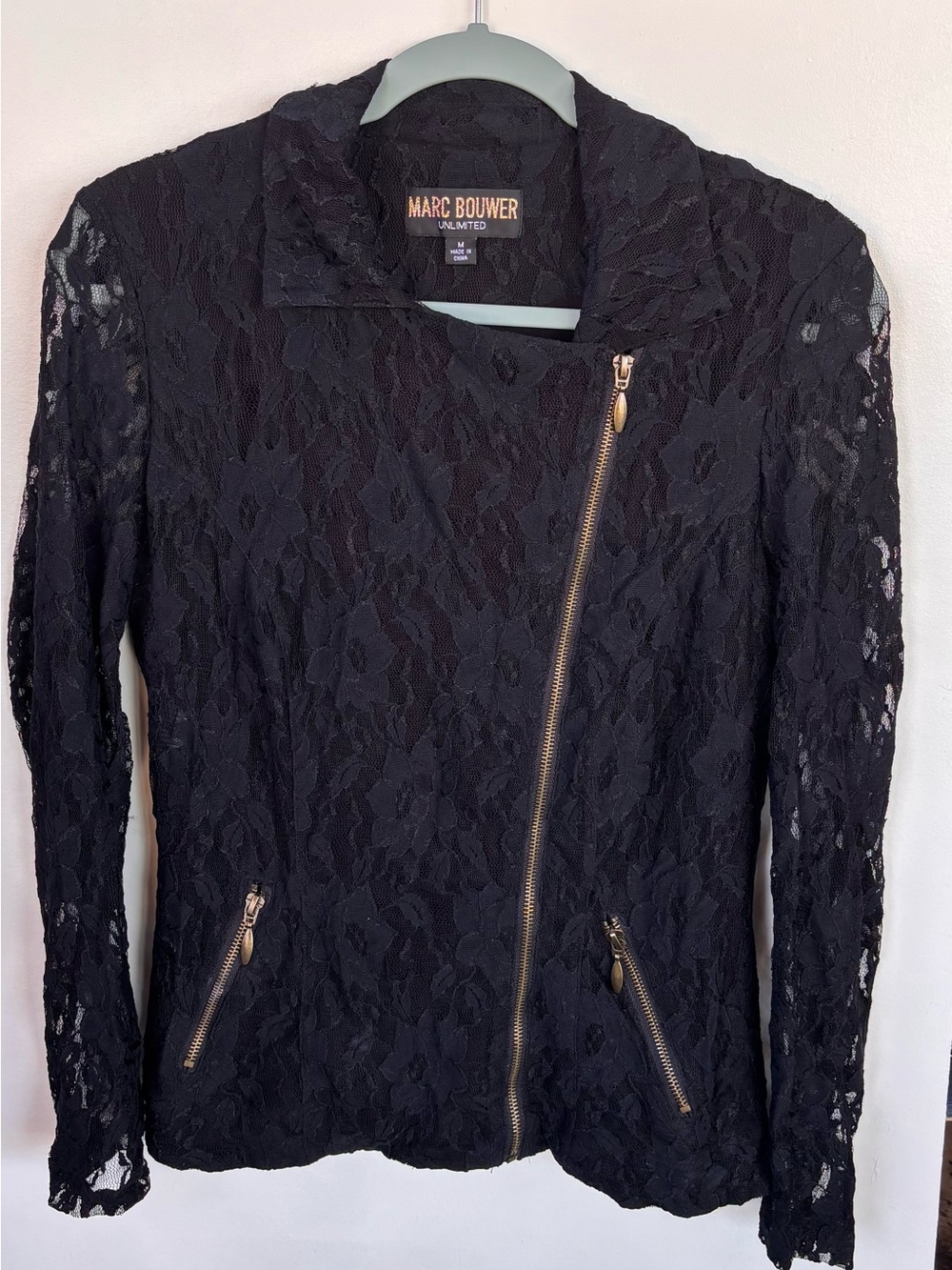 Marc Bouwer Black Lace Asymmetrical Zip Jacket with Gold Accents